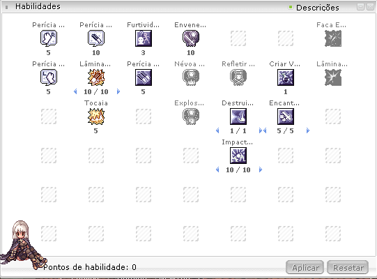 Distribuição de skills do Algoz — janela de habilidades